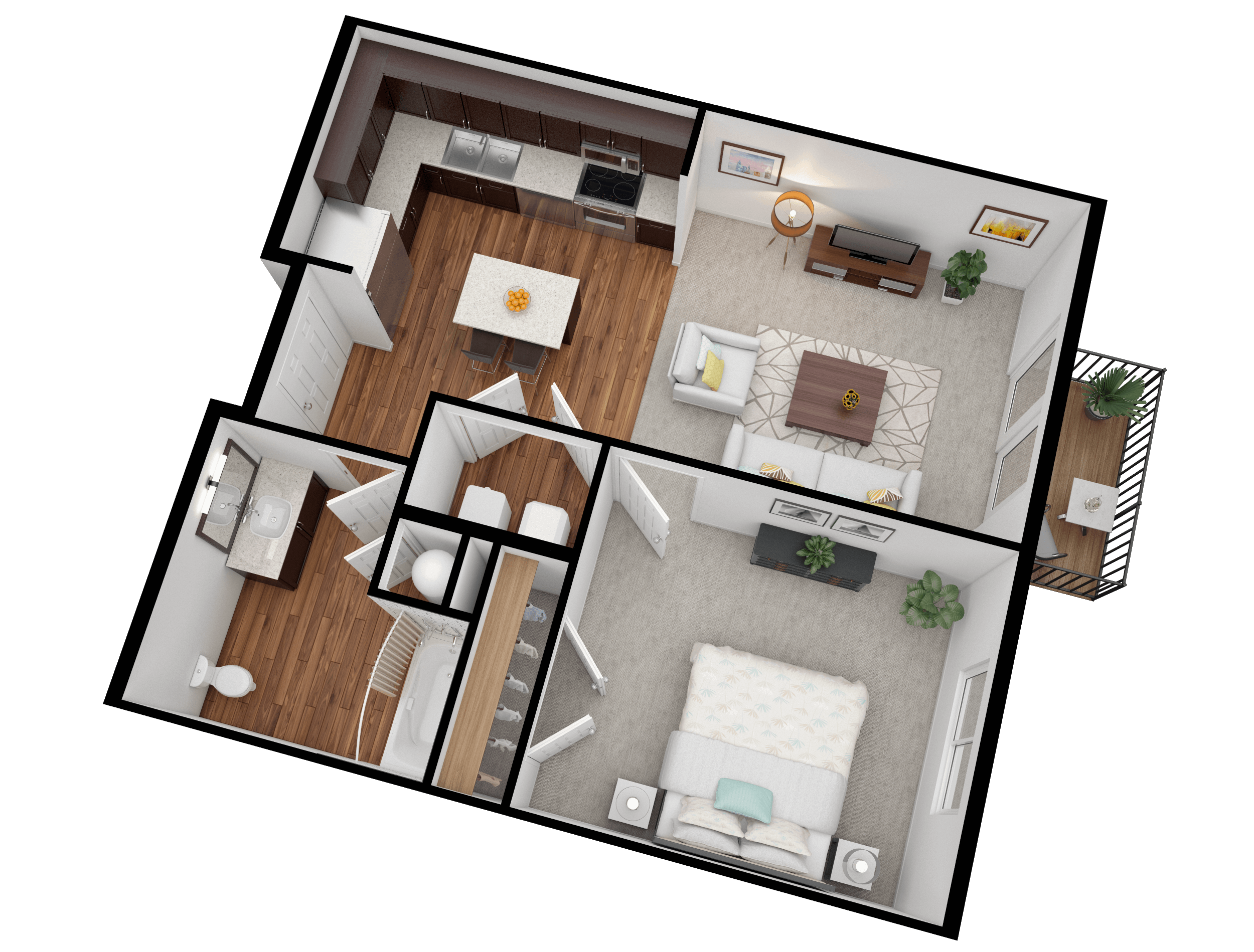 Floor plan for 1 bed, 1 bath, 630 sqft
